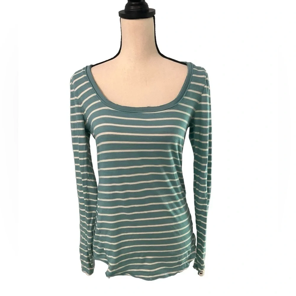 Free People Teal Striped Crochet Sleeve Cotton Long Sleeve Top Size Medium